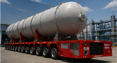 Transportador modular autopropulsado moviendo una estructura industrial sobredimensionada