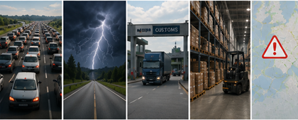 Retos del transporte logístico, incluidos retrasos, tráfico, meteorología y problemas de seguimiento de envíos