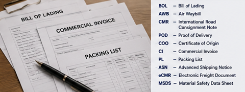 Documentos de transporte de mercancías, facturas, conocimientos de embarque y abreviaturas de logística internacional para operaciones de importación y exportación