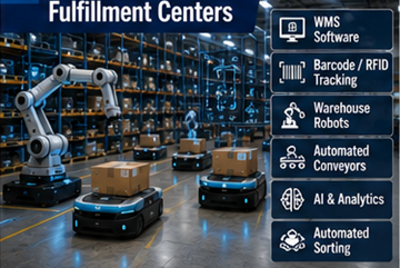 Centro de fulfillment automatizado que utiliza robótica, software de almacén y sistemas logísticos con IA