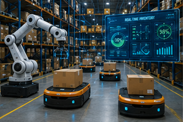 Almacén inteligente con automatización robótica y sistemas digitales de inventario