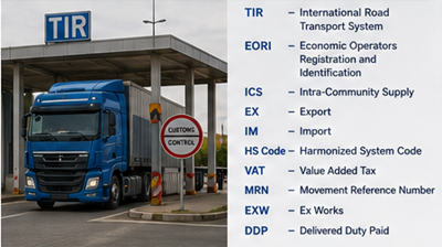 Camión internacional de mercancías usando el sistema de tránsito aduanero TIR en un paso fronterizo europeo