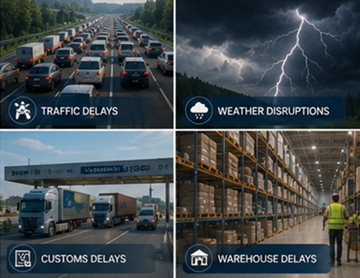 Retos del transporte logístico, incluidos retrasos, tráfico, meteorología y problemas de visibilidad de envíos