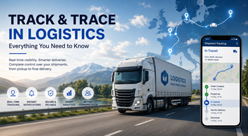 Sistema moderno de track and trace en logística que muestra visibilidad de envíos, seguimiento GPS de camiones y monitorización de entregas en tiempo real en toda Europa