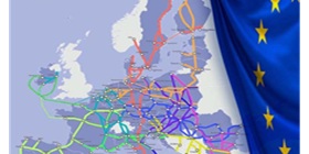 La Red Transeuropea de Transporte (RTE-T) en el mapa y la bandera de Europa