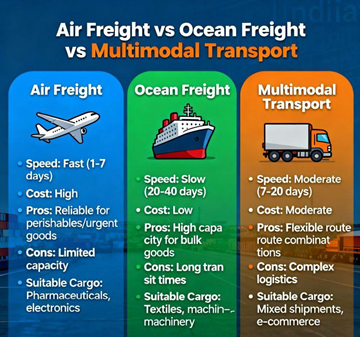 Comparación del transporte por carretera, aéreo y marítimo mostrando diferencias logísticas entre camión, avión y barco