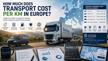 Coste del transporte de mercancías por kilómetro en Europa con camiones logísticos, autopistas, precios del combustible y cálculo de entrega
