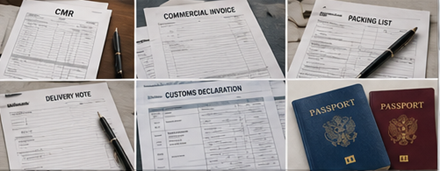 Documentos de transporte, incluidas facturas, CMR, formularios aduaneros y documentación de carga para operaciones logísticas