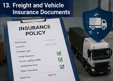 Documentos de seguro de mercancías y de vehículos utilizados en el transporte logístico para proteger la carga, los camiones y los transportistas