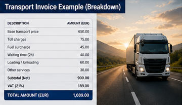 Desglose de una factura de transporte que muestra precio base, peajes, servicios adicionales e importe total