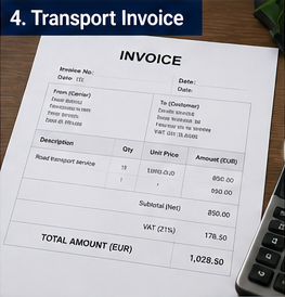 Factura de transporte con IVA y desglose de costes de flete para servicios logísticos