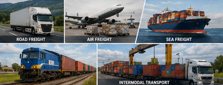 Métodos de transporte, incluidos camiones, aviones de carga, buques portacontenedores y logística ferroviaria de mercancías
