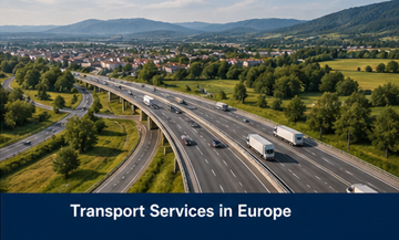 Red de transporte europea con camiones, autopistas y conexiones logísticas transfronterizas