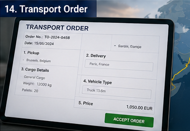 Orden de transporte digital con detalles del envío, ruta y asignación de vehículo en una plataforma logística