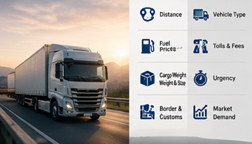 Factores de tarificación logística, incluidos distancia, combustible, peajes, carga y planificación del transporte en Europa