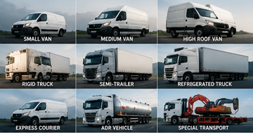 Diferentes vehículos de transporte de mercancías en Europa, incluidas furgonetas, camiones y semirremolques