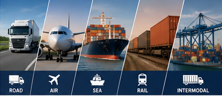 Diferentes métodos de transporte de mercancías, incluidos camión, avión, buque de carga y tren de mercancías