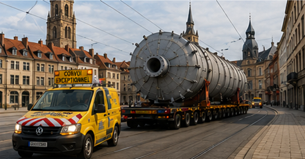 Transporte de carga sobredimensionada circulando por calles estrechas de ciudades europeas