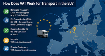 Concepto de IVA europeo para servicios de transporte que muestra logística transfronteriza y normas fiscales
