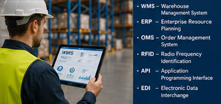 Empleado de almacén usando software de gestión de almacén con escaneo de códigos de barras y seguimiento de inventario
