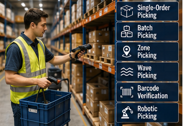 Empleado de almacén recogiendo productos de las estanterías para pedidos de clientes
