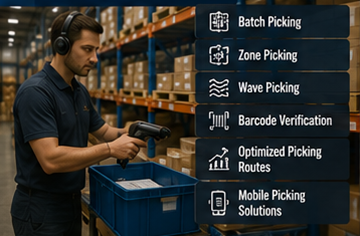 Empleado de almacén usando software WMS para operaciones de picking y preparación de pedidos