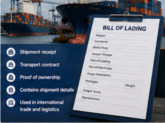 Documento de Bill of Lading con contenedores de carga y operaciones logísticas