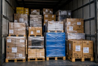 Envío en grupaje con camiones de carga compartidos, palés de mercancía mixta y distribución logística europea