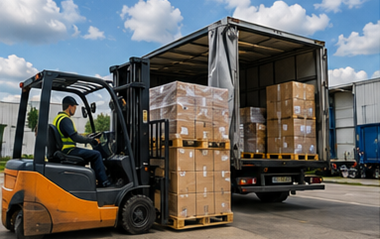 Transporte de palés con palés apilados, carretillas elevadoras, camiones logísticos y operaciones de carga en almacén