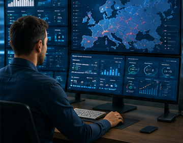 Operador logístico supervisando un sistema de seguimiento de envíos con actualizaciones de transporte en tiempo real en Europa