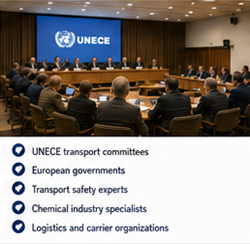 UNECE y autoridades internacionales de transporte gestionando la normativa ADR de mercancías peligrosas