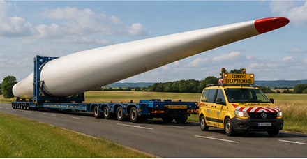 Palas de aerogeneradores y equipos de energías renovables transportados por camiones de transporte pesado