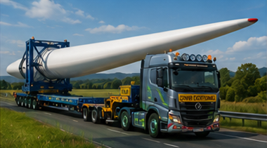 Remolque especializado transportando una pala de aerogenerador por Europa