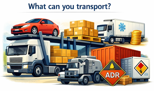 Diferentes tipos de transporte de mercancías, incluidos palets, vehículos, contenedores y cargas de camiones.